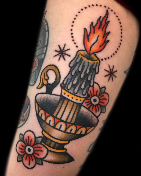 #AARONFRANCIONE #TATTOO #traditionaltattoo #candle #vintage #victorian #candlestick #occult #mystical Hand Holding Letter Tattoo, Book And Candle Tattoo, Illumination Tattoo, Candle Stick Tattoo, Candelabra Tattoo, Victorian Tattoo Vintage, Victorian Candlestick, Candlestick Tattoo, Traditional Candle Tattoo