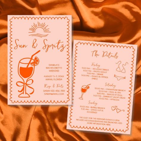 Sun & Spritz Hand Drawn Bachelorette Weekend Invitation Love At First Spritz Bachelorette, Spritz Themed Party, Orange Aperol Spritz, Spritz Bachelorette, Summer Bachelorette, Citrus Cocktail, Summer Bachelorette Party, Wavy Frame, Beach Bach