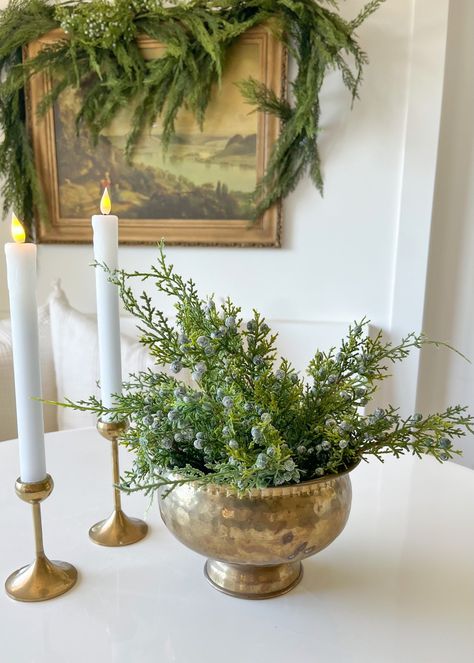 "18\" Faux Juniper Berry Stem Our faux juniper pick is a perfect pop of color and texture to add into your garland, table arrangement or mantle display. It could even be used to tie onto a present." Tabletop Christmas Tree Display, Organic Modern Christmas Mantle, Bathroom Counter Christmas Decor, Winter Woods Wedding, Juniper Christmas Decor, Vintage Christmas Table Decor, Elegant Christmas Mantle Decor, Winter Green Centerpiece, Natural Christmas Aesthetic