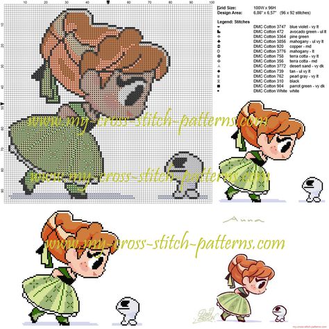 Anna chibi cross stitch pattern Anna Chibi, Frozen Cross Stitch, Graph Patterns, Disney Cross Stitch Patterns, Embroidery Tips, Disney Cross Stitch, Stitch Ideas, Beaded Cross Stitch, Cross Stitch Baby