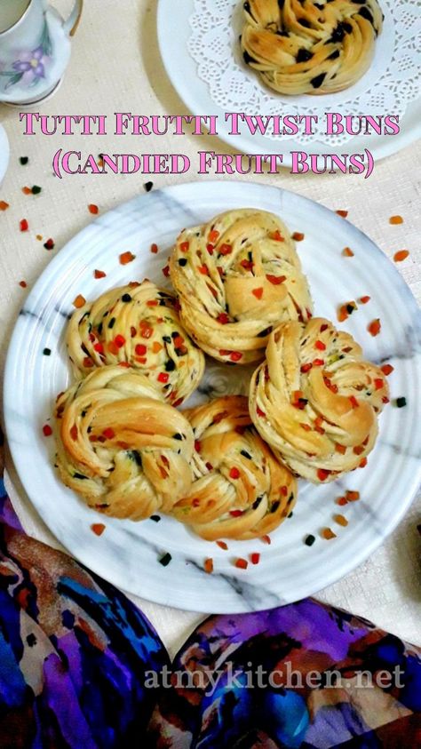 Twisted Tutti Frutti Rolls / Tutti Frutti Bread Rolls / Candied Fruit Buns – At My Kitchen Fruit Buns, Twisted Bread, Vegetarian Platter, Good Recipe, Yeast Breads, Braided Bread, Food Blogging, Sweet Buns, Holiday Favorite Recipes