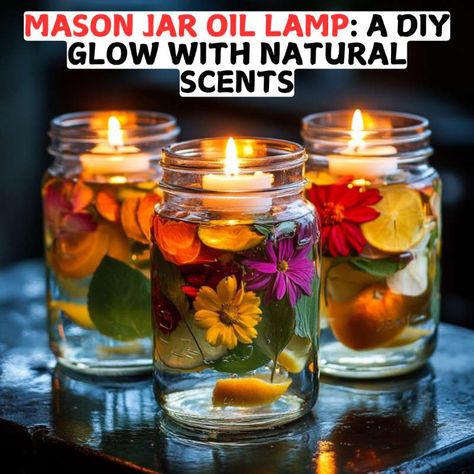 Mason Jar Oil Lamp: A DIY Glow with Natural Scents Diy Oil Lamps Mason Jars, Homemade Oil Lamps Diy, Scented Mason Jar Candles Diy, Fairy Light Mason Jars, Mason Jar Candles Diy, Diy Oil Lamp, Glass Jar Decorating Ideas, Mason Jar Oil Lamp, Candle Color Meanings Magic