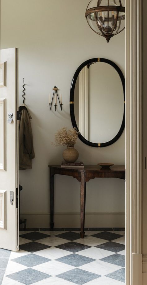 Square Entrance Hall, Dark Hallway Aesthetic, Vestibule Entryway, Narrow Entrance Hall, Hallway Aesthetic, Industrial Hallway, Narrow Hallway Ideas, Dark Hallway, Checkerboard Floor