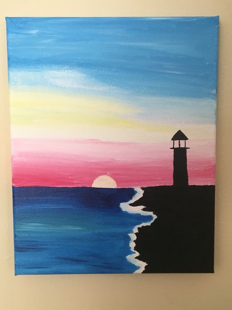 Ocean shore and light house Painting Nature Easy Simple, Easy Light House Painting, Light House Drawing Easy, Ocean Canvas Painting Easy, Oil Pastel Art Nature, Simple Acrylic Paintings Sunset, Painting Ideas Easy Simple For Kids, Painting Ideas On Canvas Ocean, Easy Ocean Painting