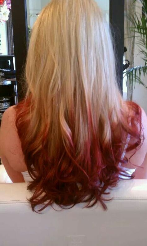 Red dipped tips Blonde Red Tips, Hair Inspo Color Red And Blonde, Red Dip Dye Hair Blonde, Dipped Tips Hair, Dark Red Roots Blonde Hair, Red Dyed Ends Of Hair, Red Hair Tips Dip Dyed, Tips Of Hair Dyed Red, Blonde Hair With Red Ends