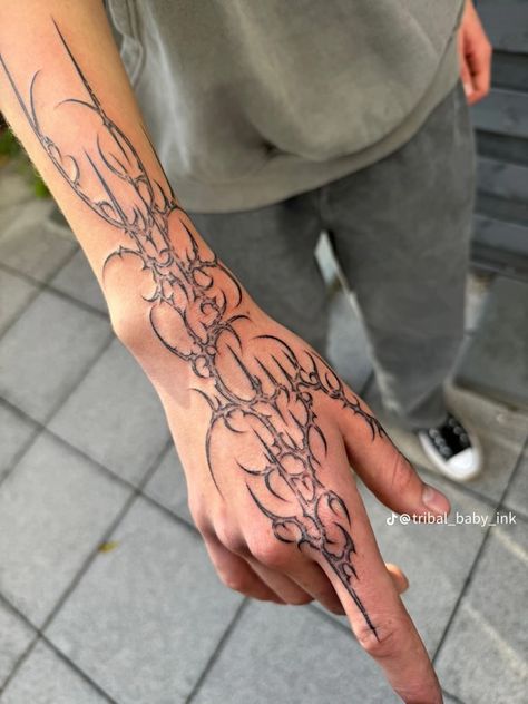 Hand Tattoo Cybersigilism, Hand Cybersigilism, Sigil Hand Tattoos, Masculine Hand Tattoos, Simple Cybersigilism Tattoo, Cybersigilism Knee Tattoo, Gothic Tribalism Tattoo, Neotribal Back Tattoo, Red Ink Hand Tattoo