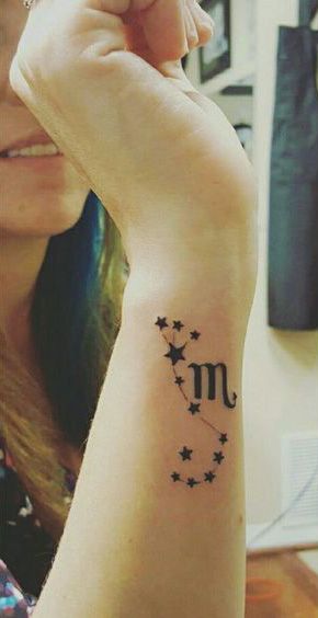 25 Scorpio Constellation Tattoo Designs, Ideas and Meanings - Tattoo Me Now Scorpio Star Sign Tattoo Design, Scorpio Dainty Tattoo, Tiny Scorpio Sign Tattoo, Scorpio Writing Tattoo, Scorpio Symbol Tattoo For Women, Girly Scorpio Tattoo Ideas, Scorpio Virgo Tattoo, Scorpio Sign Tattoos For Women, Scorpio And Pisces Tattoo Combined