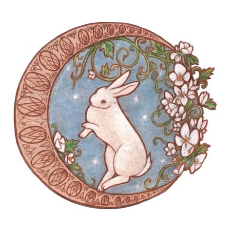 I love this so much. It reminds me of mucha styled art Fleurs Art Nouveau, Motifs Art Nouveau, Moon Rabbit, Bunny Tattoos, Rabbit Tattoos, Rabbit Art, Bunny Art, Arte Sketchbook, Arte Animal