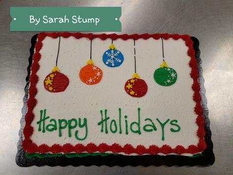 Christmas ornament sheet cake- buttercream by Sarah Stump Christmas Sheet Cake Designs Simple, Easy Christmas Sheet Cake Decorating Ideas, Christmas Slab Cake, Christmas Birthday Sheet Cake, Christmas Theme Cake Buttercream, Christmas Sheet Cake Ideas, Christmas Sheet Cakes Decorated, Christmas Cookie Cakes, Christmas Sheet Cake Designs