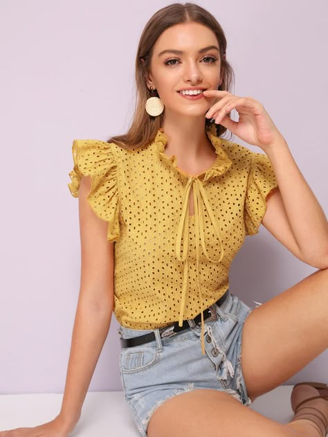 Schiffy Top, Shein Outfit Ideas, Shein Outfits, Butterfly Sleeve, Outfit Ideas Fall, Butterfly Sleeves, Beautiful Blouses, Tie Neck, Blouse Styles