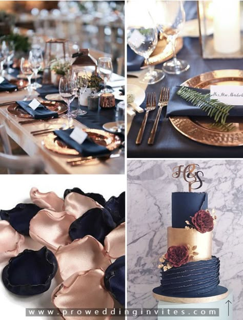 Rose Gold Navy Wedding, Navy Blue Wedding Colors, Gold Navy Wedding, Top Wedding Colors, Blue Wedding Colors, Filipiniana Wedding, Dark Blue Wedding, Blue Gold Wedding, Bronze Wedding