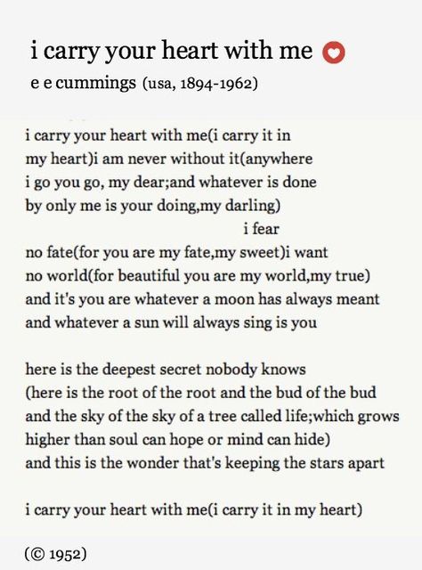 Ernst Hemingway, Ceremony Readings, Wedding Ceremony Readings, Ee Cummings, Wedding Readings, I Carry Your Heart, I Carry, Wedding Quotes, Poem Quotes