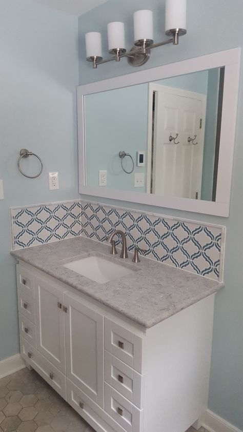 Tile Around Mirror In Bathroom, Tiling Behind Bathroom Sink, Tiles Behind Sink, Tile Behind Bathroom Vanity, Tile Behind Bathroom Sink, Tile Behind Sink, Tile Behind Vanity, Bathroom Sink Backsplash Ideas, Small Bathroom Tile Ideas