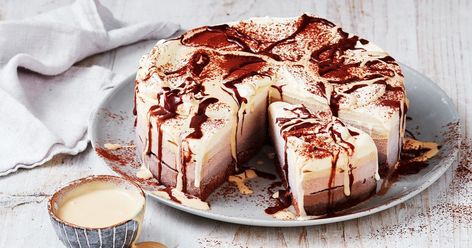 With a chocolate sponge base, four layers of flavoured ice-cream and a topping of whipped cream, Baileys and chocolate sauce, this amazing ice-cream dessert will be a winner every time. Baileys Ice Cream Cake, Ice Cream Cake Christmas, Baileys Fruit Cake, Candy Cane Ice Cream Cake, Bailey’s Cheesecake Recipe, Amazing Christmas Desserts, Baileys Ice Cream, Chocolate Ice Cream Cake, Christmas Ice Cream