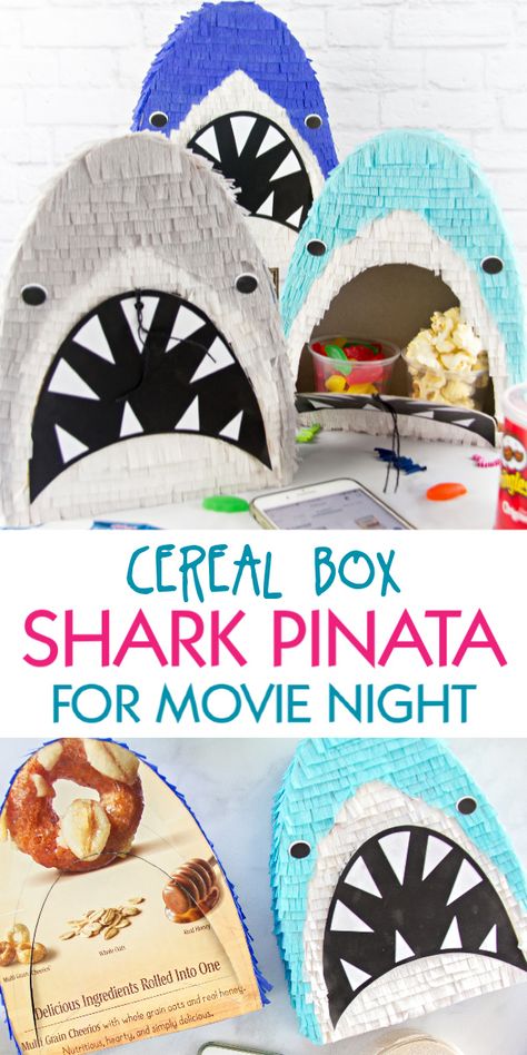 Make a pull-string shark pinata for your next movie night, ocean themed party, or Shark Week using a cereal box. Diy Shark Pinata, Ocean Pinata, Shark Pinata, Shark Project, Ocean Themed Party, Homemade Pinata, Recycle Craft Projects, Night Ocean, Buddy Gifts