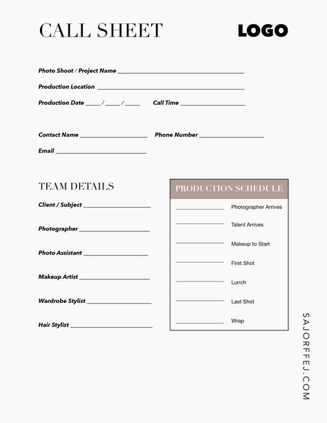 https://www.sajorffej.com/blog/how-to-make-a-call-sheet Photoshoot Call Sheet, Photo Shoot Planning Sheet, Call Sheet Photoshoot, Model Call Template, Boating Photography, Call Sheet Template, Form Reference, Photography Business Forms, Business Shoot