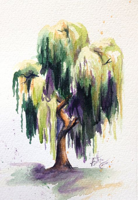 Watercolor Willow Tree by beecanbe on Etsy Willow Tree Drawing Reference, Willow Tree Reference, Willow Tree Art Drawing, Stuff To Watercolor, Cute Water Colour Art, Colorful Tree Drawing, Willow Tree Artwork, Willow Tree Watercolor Painting, Side Tree Drawing