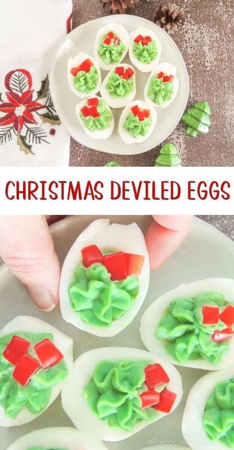 These Christmas Deviled Eggs are the perfect easy and festive appetizer for a holiday party! They look like mini Christmas wreaths! These Christmas deviled eggs are super easy to make, with just a handful of simple ingredients. You might already have most of these items in your fridge and pantry! Whip up this healthy Keto-friendly finger food today! Christmas Deviled Eggs, Mini Christmas Wreaths, Chia Seed Water, Egg Christmas, Festive Appetizers, Easy To Make Appetizers, Holiday Appetizer, Deviled Eggs Recipe, Bark Recipe