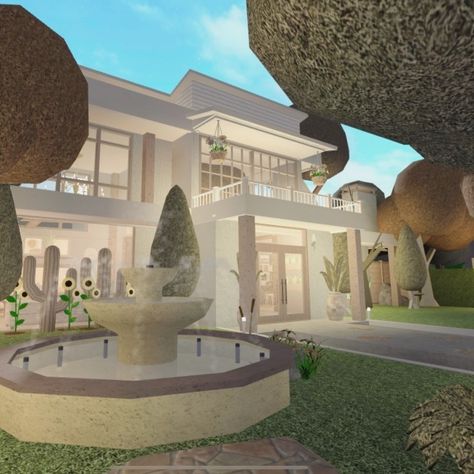 White Aesthetic Bloxburg House, Aesthetic Front Yard Bloxburg, Cute Boho Bloxburg Houses, Modern Garden Bloxburg, Bloxburg House Front Yard Ideas, Bloxburg Modern Front Yard, Front House Bloxburg, Roblox Bloxburg Front Yard Ideas, Bloxburg Front Yard Ideas Modern