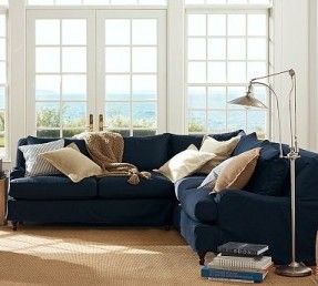 This sectional sofa consists of three pieces. It is an L-shaped element that is perfect for use in the corner of a room. Its size (110" w x 110" d x 45" d x 34" h) is perfect for large families and groups of people. Navy Sectional, Blue Fabric Sofa, Navy Couch, Sectional Sofa Slipcovers, Light Rug, Navy Sofa, Navy Living, Blue Sectional, Blue Couch