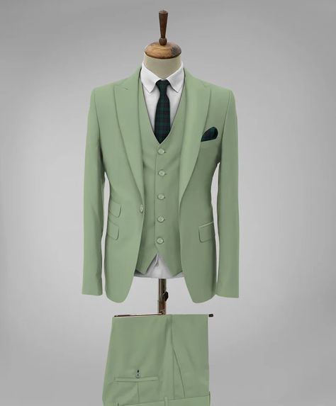 Pista Green Coat Suit For Men, Pista Colour Coat Pant For Men, Fitted Green Three-piece Suit For Party, Elegant Pista Green Unstitched Wedding Suit, Green Fitted Three-piece Suit, Semi-formal Single-breasted Green Three-piece Suit, 3 Piece Suit Men, Men Suits Wedding, Suit Prom