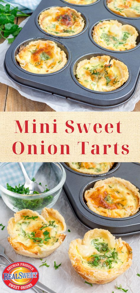 If French Onion soup could be made into an amazing one-bite dish, this would be the one! These simple and delicious sweet onion tarts will definitely impress your guests. #realsweet #sweetonion #vidaliaonion #tarts Mini Onion Tart, French Onion Tart Recipe, Carmelized Onion Tart, French Onion Tart, Onion Appetizers, Onion Pie, Tin Recipes, Vidalia Onion, Onion Tart