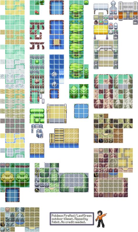 The Spriters Resource - Full Sheet View - Pokémon FireRed / LeafGreen - Tileset 2 Pokemon Tileset Pixel Art, Pokemon Tilesets, Tileset Pixel Art, Pixel Tileset, Game Tilesets, Pokemon Fire Red, Pokemon Project, Pokemon Firered, Video Game Sprites