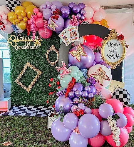 Alice In Wonderland Bid Day, Alice In Wonderland Balloon Decor, Alice In Wonderland Balloons, Alice In Wonderland Balloon Arch, Alice In Wonderland Baby Shower Ideas, Wonderland Balloon Garland, Spring Tea Party, Alice In Wonderland Tea Party Birthday, Alice Tea Party