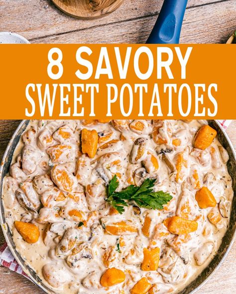 8 Ways to Enjoy Sweet Potatoes in Savory Dishes | Food Bloggers of Canada Sweet Potato Entree Recipes, Twice Baked Sweet Potatoes Savory, Savory Sweet Potato Recipes Side Dishes, Sweet Potato Savory Recipes, Potato Entree Recipes, Sweet Potato Recipes Savory, Savory Sweet Potatoes, Canned Sweet Potatoes, Potato Entree