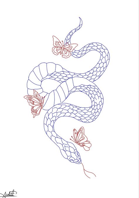 Snake Tattoo With Butterflies, Wrap Around Snake Tattoo Stencil, Snake And Butterfly Tattoo, Snake Butterfly Tattoo, Snake Drawing Sketches, Strong Tattoo Quotes, Tat Stencils, Pelvic Tattoo, Tattoos Stencils