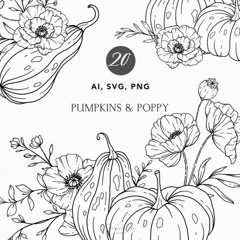 Pumpkins With Flowers, Pumpkin Arrangements, Art Pumpkin, Flower Line Drawings, Pumpkin Clipart, Fall Florals, Small Business Social Media, Thanksgiving Svg, Drawing Wallpaper