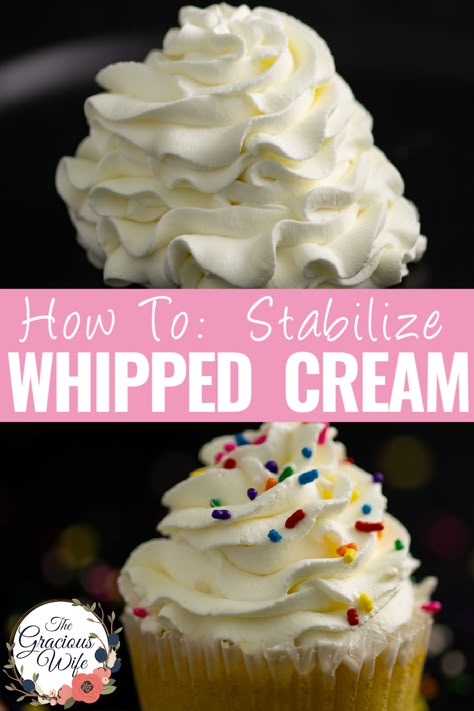 Using stabilized whipped cream is a great to increase the shelf life of your baked goods with whipped cream that holds its shape and won't go flat, watery, or spread. Learn how to stabilize whipped cream with 7 simple and straightforward methods. Whipped Cream Buttercream Frosting, Stablized Whipped Cream, Stabilize Whipped Cream, Whipped Icing Recipes, Whipped Cream Buttercream, Whipped Buttercream Frosting, Stabilized Whipped Cream Frosting, Whipped Cream Icing, Homemade Whipped Cream Recipe