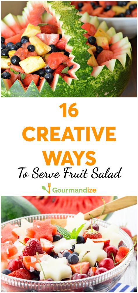 Fruit salad can get a bit repetitive in the summer, but make yours mouthwateringly tempting with these 16 creative ways to serve fruit salads. #fruitsalads #fruit #fruitdessert #fruitsaladrecipes #easyfruitsalad #fruitsaladideas #creativerecipes #servingfruitsalad Creative Ways To Serve Food, Fruit Salad Presentation Serving Ideas, Fruit Salad Display Ideas, Fancy Fruit Salad Presentation, Fun Ways To Serve Fruit, Fruit Salad Ideas Creative, Fruit Salads For Parties Creative, Fancy Fruit Platter, Fruit Serving Ideas