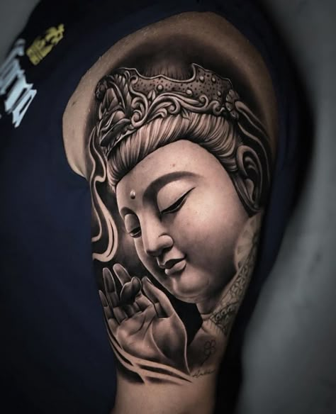 Buddha Statue Tattoo, Budah Tattoos, Quan Yin Tattoo, Budah Tattoos For Men, Buddha Tattoo Color, Buddha Face Tattoo Design, Buddha Cover Up Tattoo, Tattoo Buddha, Tato Realis