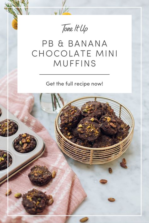 Peanut Butter and Banana Chocolate Mini Muffins are what dreams are made of 🙌 They taste so decadent, and they're made with Tone It Up Protein so of course, they're clean, protein-packed, gluten-free, and TIU approved! Tone It Up Protein Muffins, Chocolate Mini Muffins, Chocolate Peanut Butter Muffins, Chocolate Protein Muffins, Peanut Butter Muffins, Peanut Butter And Banana, Clean Protein, Protein Muffins, Protein Desserts