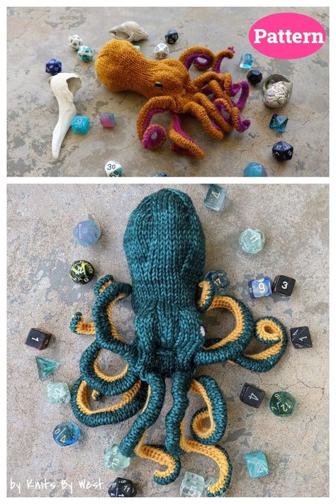 Octopus Dice Bag Knitting Pattern Dice Bag Knitting Pattern, Octopus Knitting Pattern, Octopus Knitting, Pokemon Bag, Colorwork Chart, Bag Knitting, Crochet Octopus, Bag Pattern Free, Dice Bag