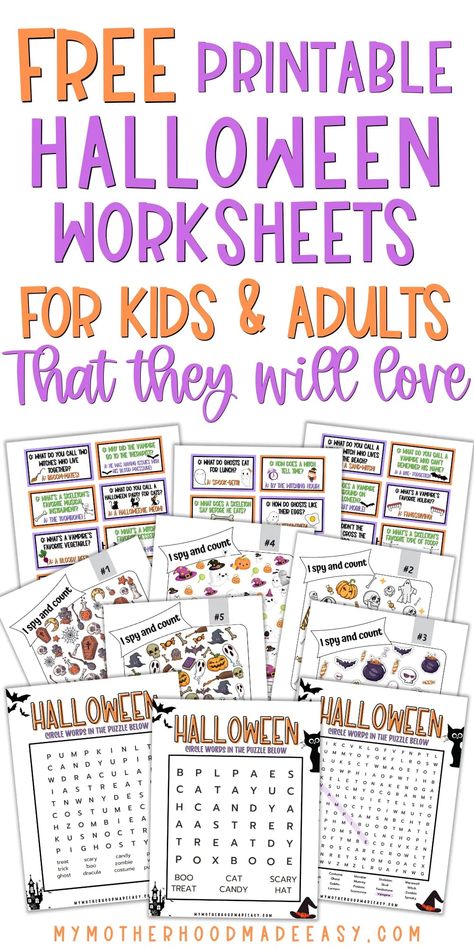 Are you Looking for free printable Halloween worksheets, coloring pages, games, and activities? Look no further! We've got a huge collection of spooky fun for you to enjoy! Read more. #halloween #printables Homeschool Halloween Activities, Halloween Printable Activities, Printable Halloween Games, Halloween Printables Free For Kids, Halloween Homeschool Activities, Halloween Reading Games, Halloween Activity Pages, Halloween I Spy Printable Free, Free Halloween Activity Printables