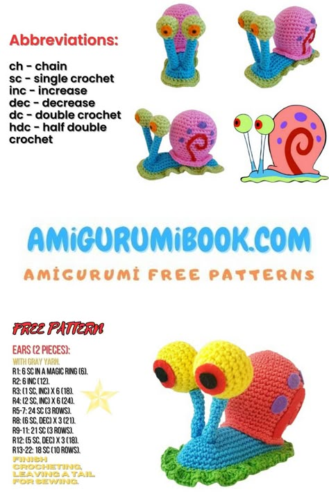 Craft Your Own SpongeBob Snail Amigurumi – Free Crochet Pattern - Free Amigurumi Crochet Patterns Spongebob Crafts, Spongebob Characters, Crochet Skull Patterns, Crochet Snail, Disney Crochet Patterns, Free Amigurumi Crochet Patterns, Crochet Skull, Crochet Toys Free, Crochet Hair Accessories