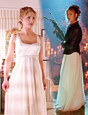 Buffy White Dress, Buffy Prom Dress, Buffy The Vampire Slayer Outfits Season 1, Buffy Fashion, Buffy Dress, Buffy Outfits, Baby Blue Pants, Buffy Style, Light Blue Cardigan