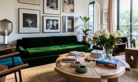 Samantha Hauvette and Swan, Achille 5, May 2 years old - The Socialite Family House Decor Green, Vintage House Decor, Cool Sofa, Lecture Theatre, Blue Velvet Sofa, Socialite Family, Interior Architect, Living Room Inspo, Architecture Firm