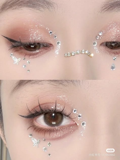 Bling Eye Makeup, Makeup For Downturned Eyes, Bling Makeup, Rhinestone Makeup, Korean Eye Makeup, Rave Makeup, Eye Makeup Pictures, Asian Eye Makeup, Makeup Clothes