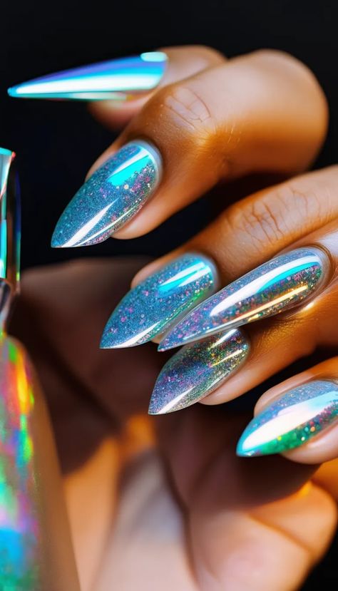 Transparent nails with holographic glitter and silver star sequins, reflecting dazzling colors under the light for a magical holiday look.
Tags: #HolographicNails #StarryGlitterNails #ShinyNails Nails With Holographic, Holographic Nail Designs, December Month, Holographic Glitter Nails, Star Sequins, Unicorn Nails, Transparent Nails, Shiny Nails, Holographic Nails