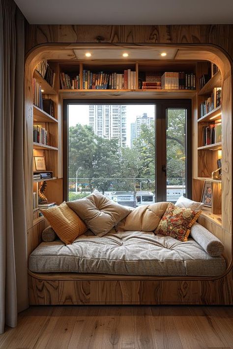 37 Small Bedroom Ideas To Maximize Your Cozy Space Closed Bed Ideas, Bed Nook Window, Tiny Home Bedroom Storage, Box Bed Ideas, Bedroom Window Nook Ideas, Book Inspired Bedroom Ideas, Nook Bed Ideas, Tiny Reading Nook In Bedroom, Book Storage Ideas Bedrooms