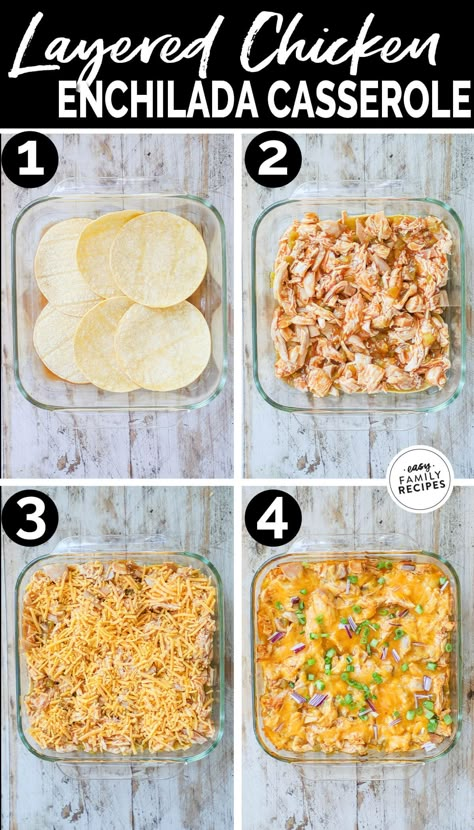 EASY family friendly dinner! Layered chicken enchilada casserole is that new kid favorite meal you’ve been looking for! Use premade shredded chicken, green chilies, and flavor packed enchilada sauce for the most delicious meal that everyone is sure to devour! It’s a one-pan oven baked chicken dish that the whole family will be happily eating in no time. Easy clean up, hands off cooking, and gooey cheesy layers of enchilada make this an instant win for any family. White Chicken Enchilada Casserole Corn Tortillas, Chicken Enchiladas For A Crowd, Easy Enchiladas Chicken, Layered Chicken Enchilada Casserole, Super Easy Casseroles, Shredded Chicken Enchiladas, Easy Chicken Enchilada Casserole, Easy Chicken Enchiladas, Chicken Enchilada Casserole Recipe