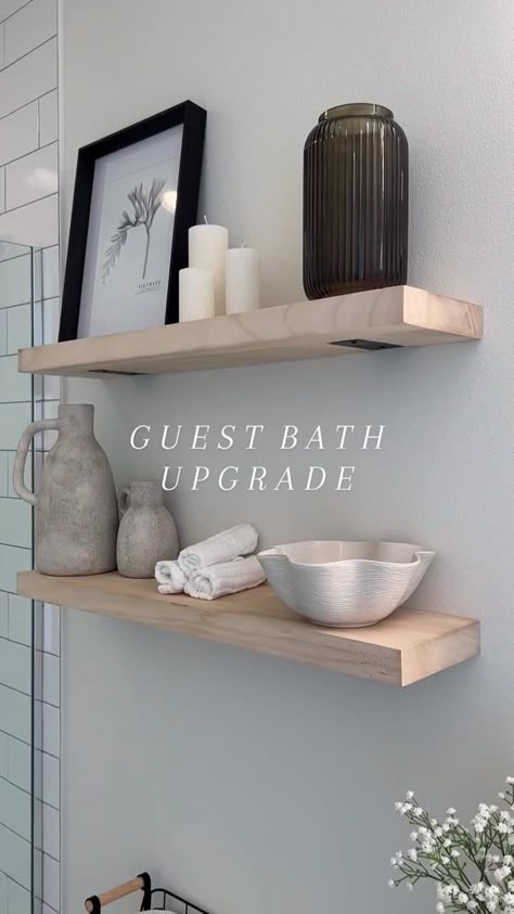 Kitchen Modern Decorating Ideas, Organic Modern Bathroom Shelf Decor, Small Bathroom Apartment Decoration, No Counter Bathroom Ideas, Modern Bathroom Shelf Decor, Bathroom Shelves Over Toilet Styling, Small Spa Bathroom Ideas Modern, Half Bathroom Shelf Ideas, Western Modern Bathroom Decor