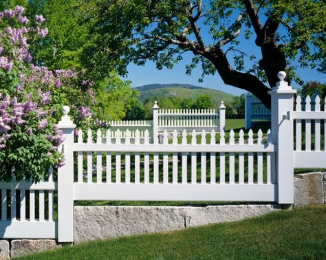 If there is slope and it's steep enough, architect Kahlil Bair recommends stepping up fence sections. Picket Fences, Apple Orchard, Picket Fence, Luxury Real Estate, New Hampshire, Fence, Maine