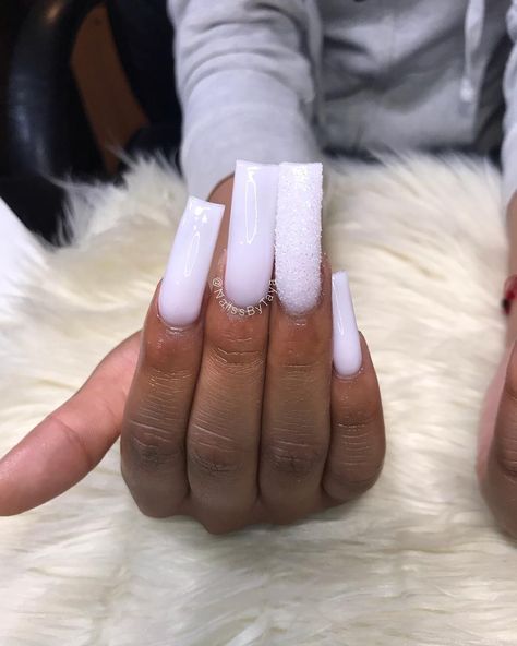 White And Glitter Acrylic Nails, Milk White Acrylic Nails, Cum White Acrylic Nails, Milky White Nails With Glitter, Milky White Nails Acrylic, Milk White Nails, White Stiletto Nails, Tapered Square Nails, White Glitter Nails