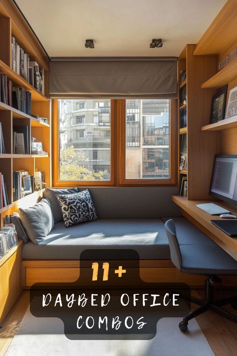 Make the most of your small space with these 11 daybed and office combo ideas! Smart designs that balance comfort and productivity beautifully. 🛋️✨ #SmallSpaceDesign #DaybedOfficeIdeas #FunctionalWorkspaces #CozyInteriors #HomeOfficeGoals #GuestRoomInspo #MultiPurposeRooms Home Office Pull Out Couch, Tiny Office With Bed, Small Office Sofa Ideas, Day Bed Nook, Desk In Spare Bedroom, Small Home Office With Sofa Bed, Daybed For Office, Tiny Guest Room Office Combo, Daybed Home Office