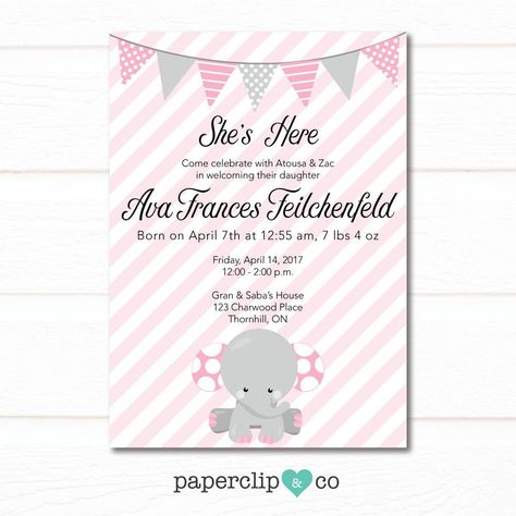 Elephant Baby Arrival, Pink Stripes, New Baby Invitation, Meet and Greet, Sip and See Invite, Pink and Grey Polka dots, Girl Invitation, by paperclipandcoshop on Etsy Pink Stripes Background, Sip And See, Baby Elefant, Fantastic Baby, Baby Sleep Problems, Meet And Greet, Baby Invitations, Baby Arrival