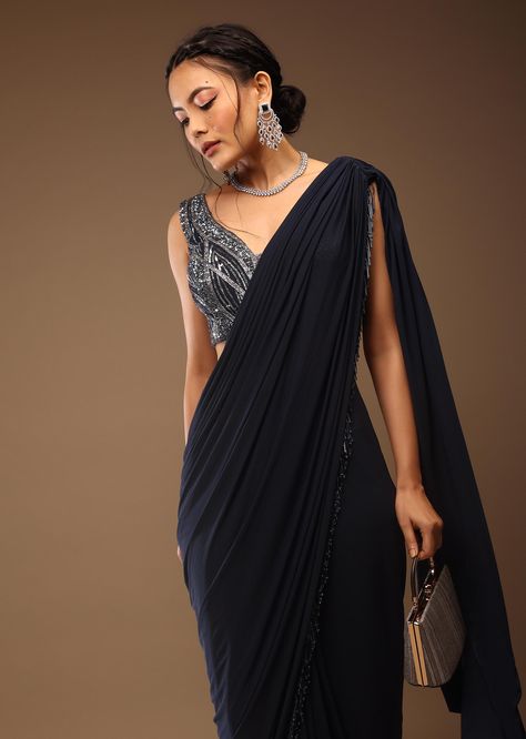 Buy Mood Indigo Blue Ready-Pleated Saree With A Crop Top In Sequins Embroidery Corset Neckline With A Tie-Up Tassel Dori At The Back Midnight Blue Saree, Dark Colour Saree, Modern Saree Party Wear, Saari Designs Latest, Saree Look Modern, Kalki Saree, Plain Saree With Border, Saree Styles Modern Classy, Saree Styles Modern